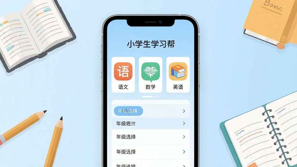 功能展示图:画面中央是一部智能手机,屏幕显示“小学生学习帮”的教材同步界面,列出语文、数学、英语科目图标,下方有年级选择列表,背景为淡蓝色渐变,布局居中,排版整齐,采用扁平化设计风格,细节包括书本、铅笔、作业本等元素,画质干净明亮,无多余元素