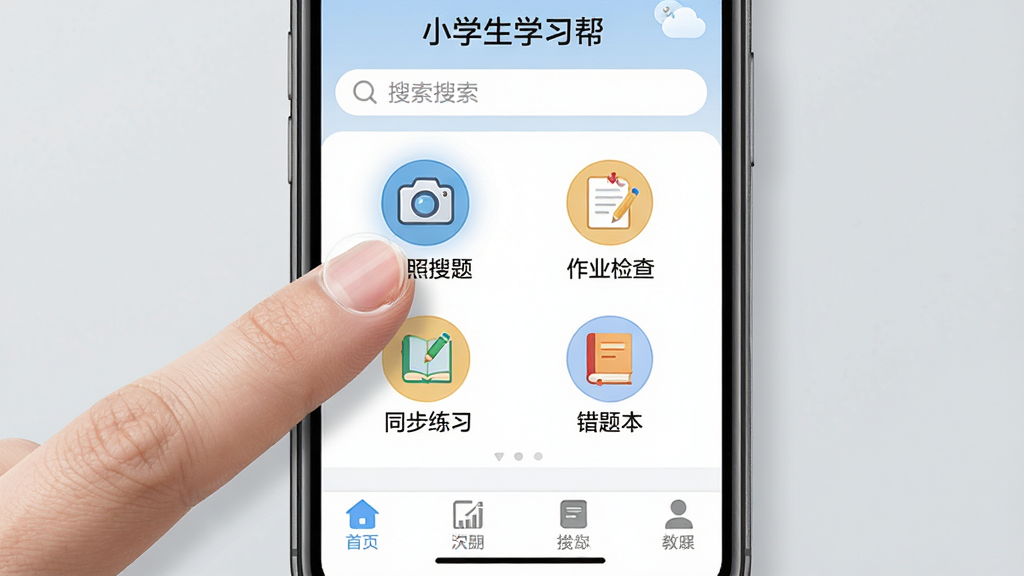 使用教程图:画面中手机屏幕显示“小学生学习帮”的首页界面,顶部有搜索栏,中间有四个功能图标(拍照搜题、作业检查、同步练习、错题本),底部导航栏清晰,背景为浅灰色,布局居中,排版清晰,采用界面截图风格,细节包含手指点击选中“拍照搜题”图标,画质高清,无多余元素
