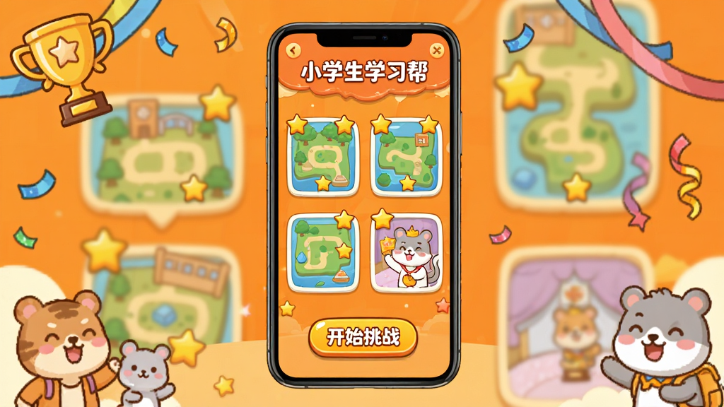 功能展示图:画面中央是手机屏幕,显示“小学生学习帮”闯关界面,有多个关卡地图,每个关卡标有星星奖励,底部有“开始挑战”按钮,背景为橙色卡通风格,布局居中,排版活泼,细节包含奖杯、彩带、卡通动物,画质干净,无多余元素