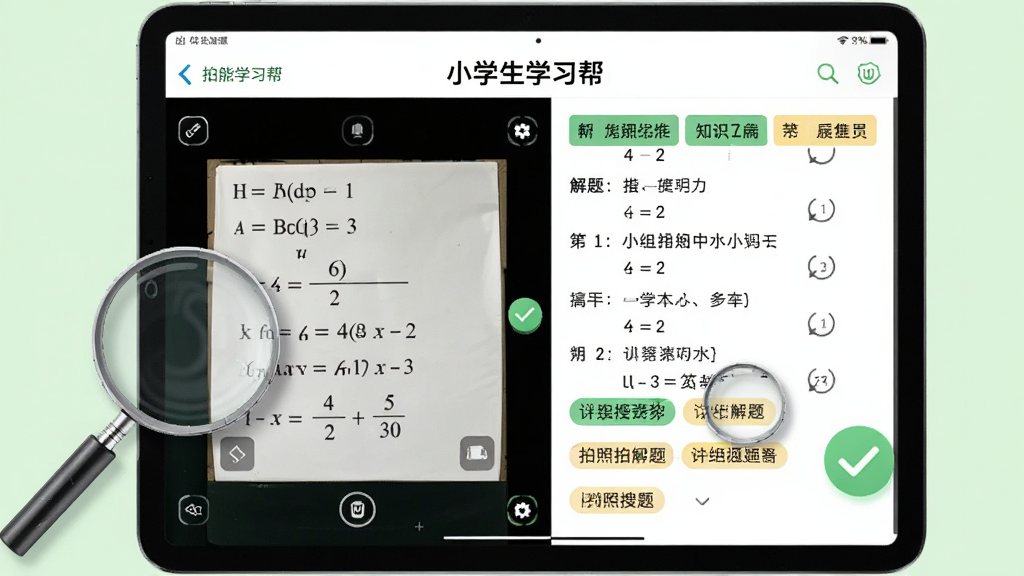 功能演示图:画面中一台平板电脑横屏显示“小学生学习帮”拍照搜题界面,左侧是数学题拍照预览,右侧是详细解题步骤和知识点标签,背景为浅绿色,布局左右分明,排版清晰,采用写实风格,细节包含放大镜、对勾符号,画质高清,无多余元素