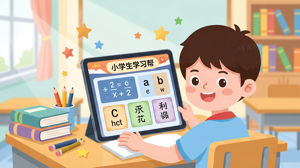 主视觉画面:前景为卡通风格的小学生坐在书桌前,手持平板电脑,屏幕上显示“小学生学习帮”应用界面,界面中有数学公式、英文字母和语文诗词卡片,背景是明亮的教室和书架,整体布局居中,排版简洁,采用扁平化插画风格,色彩鲜艳柔和,细节包含书本、铅笔、星星装饰,画质高清干净,无多余元素