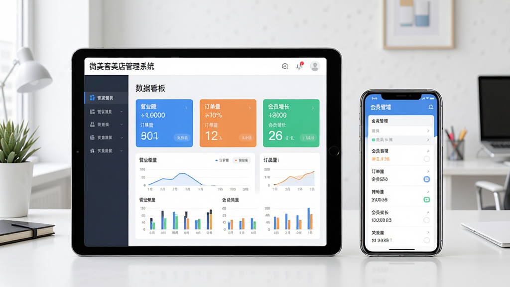 主体:微美客美店管理系统在平板和手机上的界面展示,左侧为门店经营数据看板,右侧为会员管理列表。布局:设备居中,屏幕内容清晰可辨,周围有简洁的办公环境。排版:屏幕界面元素排列整齐,数据图表直观。风格:现代科技感,扁平化设计,色彩明亮。细节:界面上显示“微美客美店管理系统”字样,包含营业额、订单量、会员增长等关键数据卡片。画质:高清,干净,无多余元素。