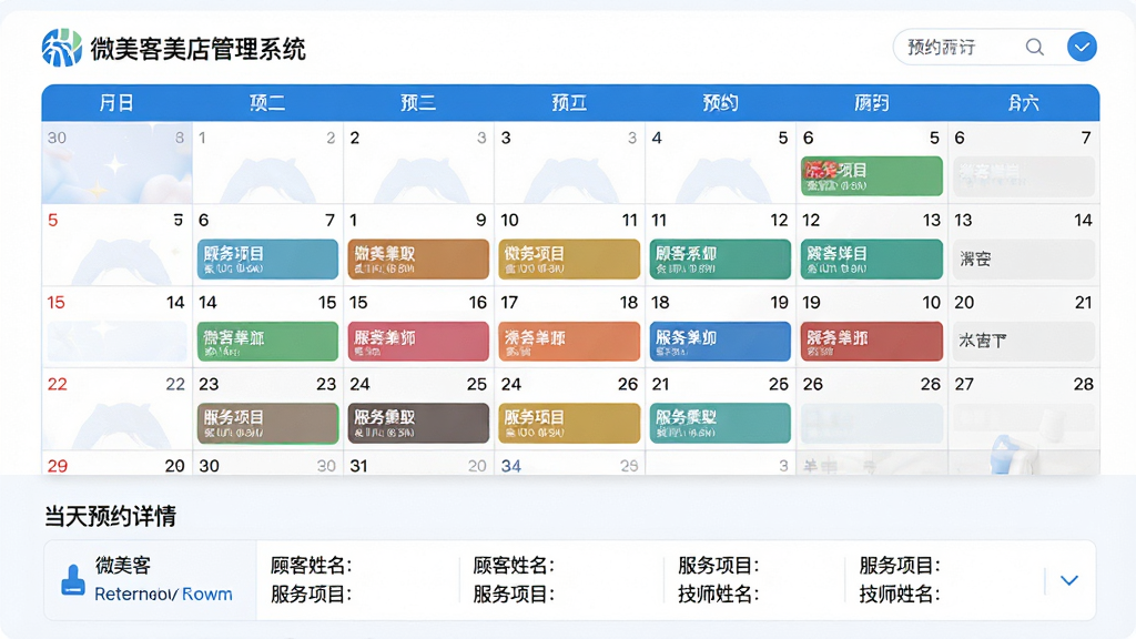 主体:微美客美店管理系统的预约日历界面。布局:日历占据屏幕主体,下方列出当天预约详情。排版:日期格子清晰,预约条色彩区分服务类型。风格:清爽简洁,蓝白配色。细节:日历上显示“微美客美店管理系统”品牌标识,预约信息包含顾客姓名、服务项目和技师姓名。画质:高清,干净,无多余元素。