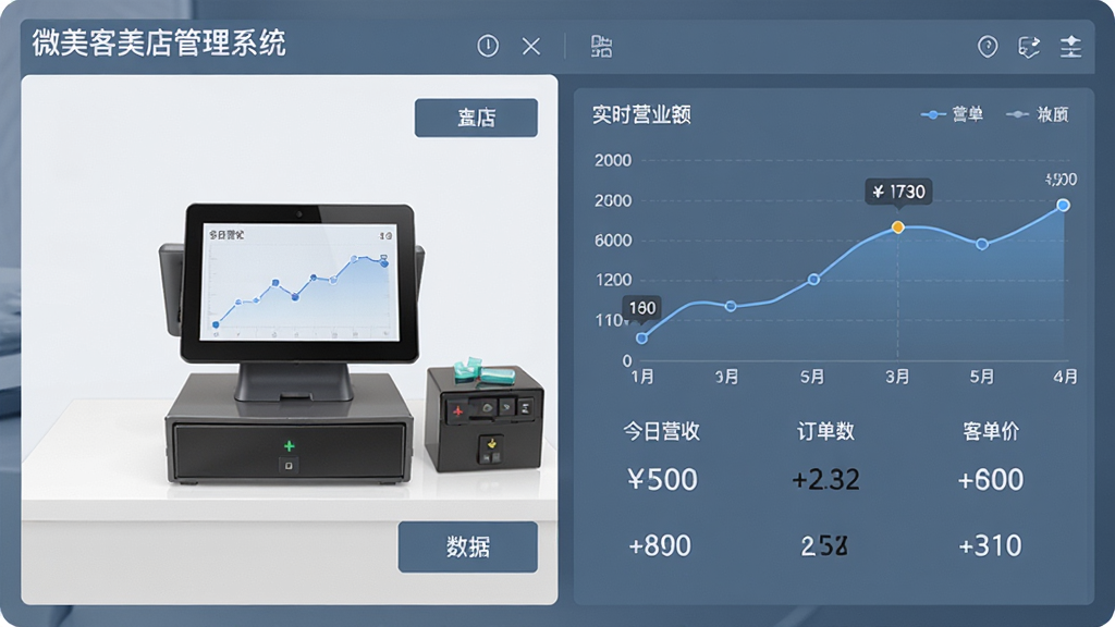 主体:微美客美店管理系统的收银台界面与数据报表。布局:左侧为收银操作区,右侧为实时营业额折线图。排版:界面布局清晰,按钮大小适中。风格:商务简洁,以蓝灰色为主色调。细节:收银界面显示“微美客美店管理系统”名称,报表包含今日营收、订单数、客单价等数据。画质:高清,干净,无多余元素。