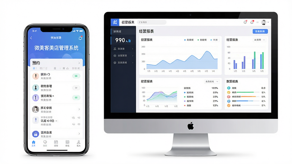主体:手机和电脑并排显示微美客美店管理系统界面。布局:左侧手机展示预约列表,右侧电脑展示数据分析大屏。排版:设备摆放整齐,屏幕内容清晰。风格:实用主义,干净明亮。细节:手机屏幕显示“微美客美店管理系统”主界面,电脑屏幕显示“经营报表”。画质:高清,干净,无多余元素。