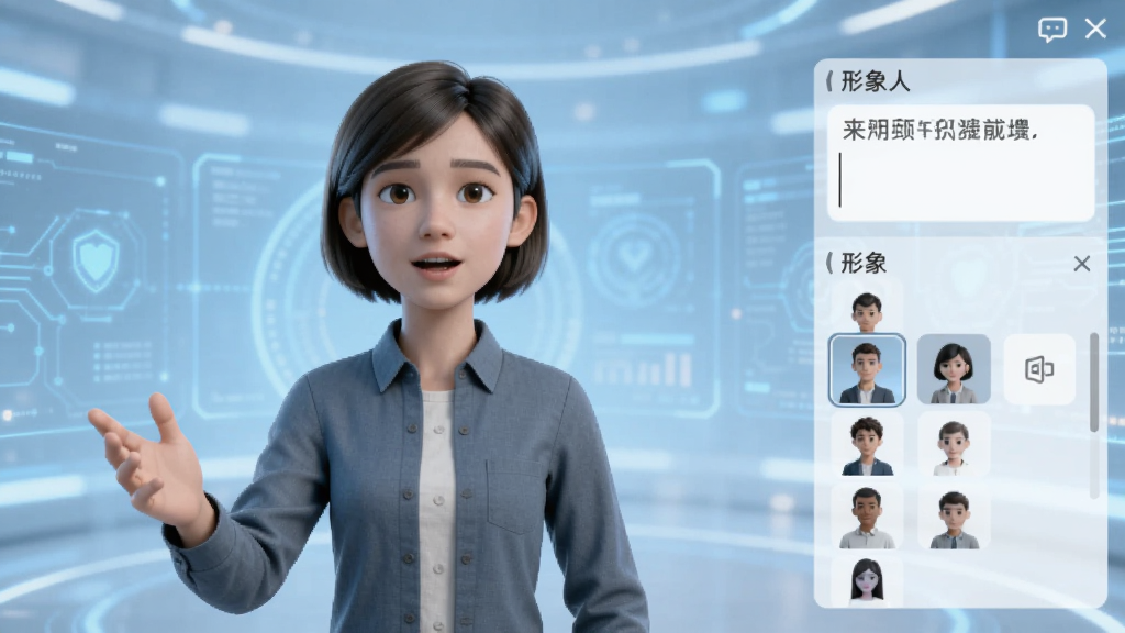 来画视频软件的数字人播报功能操作界面,中央是一个逼真的3D虚拟人物形象,正在做讲解手势,界面右侧有文字输入框和形象选择列表,背景为淡蓝色科技感氛围,界面布局直观,画质清晰,无多余元素
