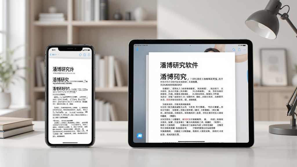 一张展示潘博研究软件在手机和平板上同步使用的场景图,左侧为手机,右侧为平板,两者屏幕均显示相同的研究文档页面,背景为现代书房环境,搭配柔和的自然光,画面干净整洁,突显跨设备同步的便捷性,画质清晰,无多余元素。