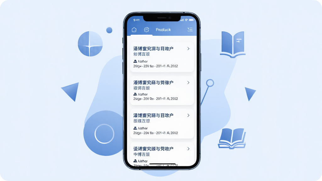 一幅展示潘博研究软件主界面的高清数字插图,画面中央是一部智能手机,屏幕中显示着整洁的学术资源列表,包含文献标题、作者、日期等元素,背景为淡蓝色渐变,搭配简约的几何图形和书籍图标,整体风格现代、专业,画质清晰,干净无多余元素。