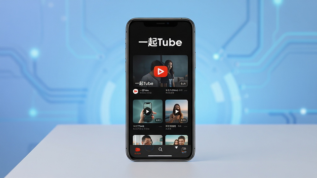 画面主体为一部亮着屏幕的智能手机,屏幕中展示着“一起Tube”应用主界面,界面风格为现代简约的深色主题,上面整齐排列着多个视频缩略图封面。手机放置在浅灰色桌面上,背景是柔和的渐变蓝色,营造出科技感与舒适感。画面布局中心突出,手机屏幕内容清晰可见,应用名称“一起Tube”在屏幕顶部以醒目的白色字体显示。整体风格偏向扁平化UI设计展示图,画质高清,细节丰富,干净无多余元素。