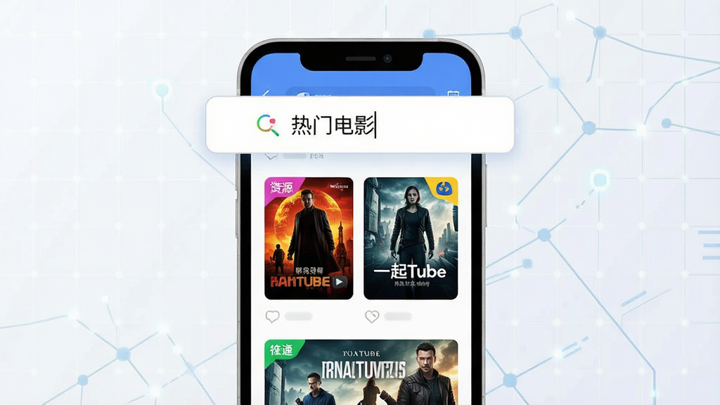 图片主体为一个放大的手机搜索界面,屏幕上的搜索框内输入了“热门电影”字样,下方以瀑布流形式展示了来自不同视频平台的影片封面缩略图,每个缩略图角落有不同颜色的小标签,代表不同资源来源。画面构图以手机屏幕为中心,四周留白,背景为浅色科技感网格。整体风格为扁平化UI设计,色彩鲜明,画质干净清晰,展现“一起Tube”聚合搜索的强大功能。