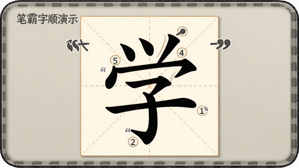 主体为汉语字霸的笔顺演示界面,显示汉字“学”的笔顺动画,背景为米字格,布局居中,排版简洁,风格卡通,细节包括笔画顺序的数字标记,画质清晰,干净无多余元素,图片中文字需加引号。