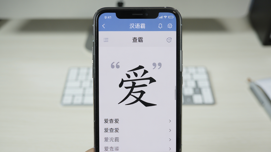 主体为汉语字霸在手机上的运行界面,显示汉字“爱”的查询结果,手机竖屏居中,背景为简洁桌面,布局居中,排版简洁,风格写实,细节包括手机边框和屏幕上的内容,画质清晰,干净无多余元素,图片中文字需加引号。