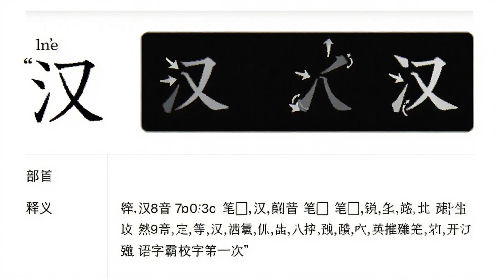 主体为汉语字霸的汉字详情页,显示汉字“汉”的拼音、笔画动图、部首、释义等,布局上下结构,排版清晰,风格简约,细节包括笔画动图的小箭头指示,画质清晰,干净无多余元素,图片中文字需加引号。