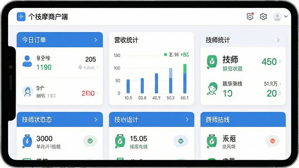 一张展示按个摩商户端主界面的高清截图,界面包含今日订单、营收统计、技师在线状态等模块,整体风格简洁现代,以蓝色和白色为主色调,图标清晰,布局规整,画面干净,无多余元素,画质清晰。