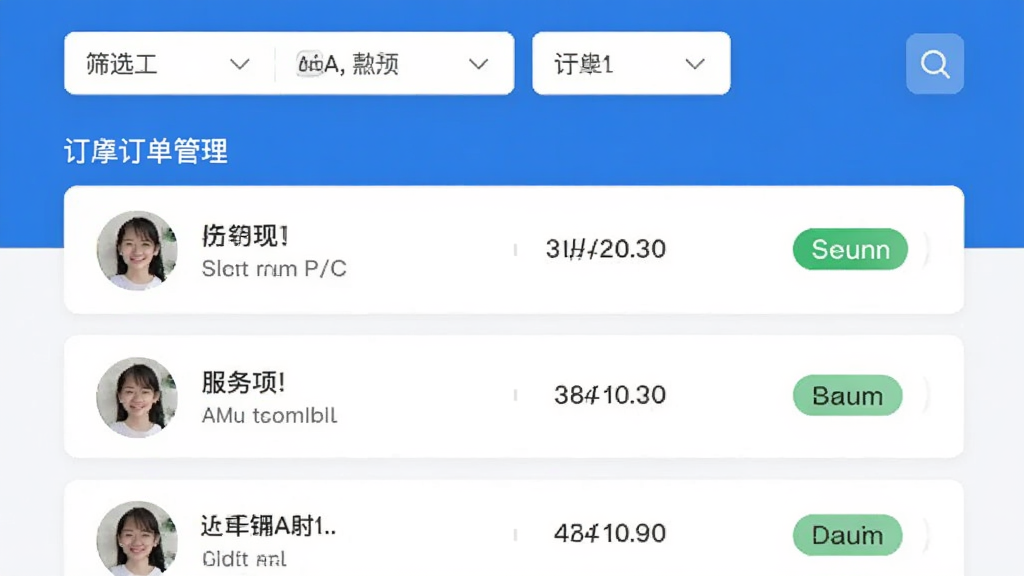 按个摩商户端订单管理页面,展示订单列表,包含顾客头像、服务项目、预约时间、状态标签,顶端有筛选工具栏,整体UI为卡片式设计,蓝白配色,简洁明了,画质清晰,无多余元素。
