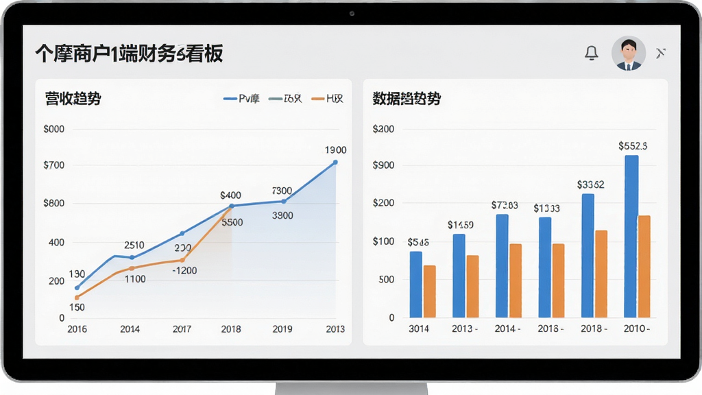 按个摩商户端财务看板图表,包含折线图和柱状图,展示营收趋势,数据标签清晰,背景为浅灰色,图表配色专业,整体画面简洁,突出数据,画质高清,无多余元素。