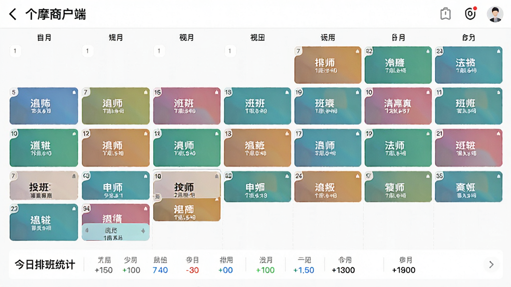 按个摩商户端排班日历界面,月视图显示不同技师的名字和班次色块,底部有今日排班统计,界面清新,色彩区分明显,布局规整,画质干净,无多余元素。