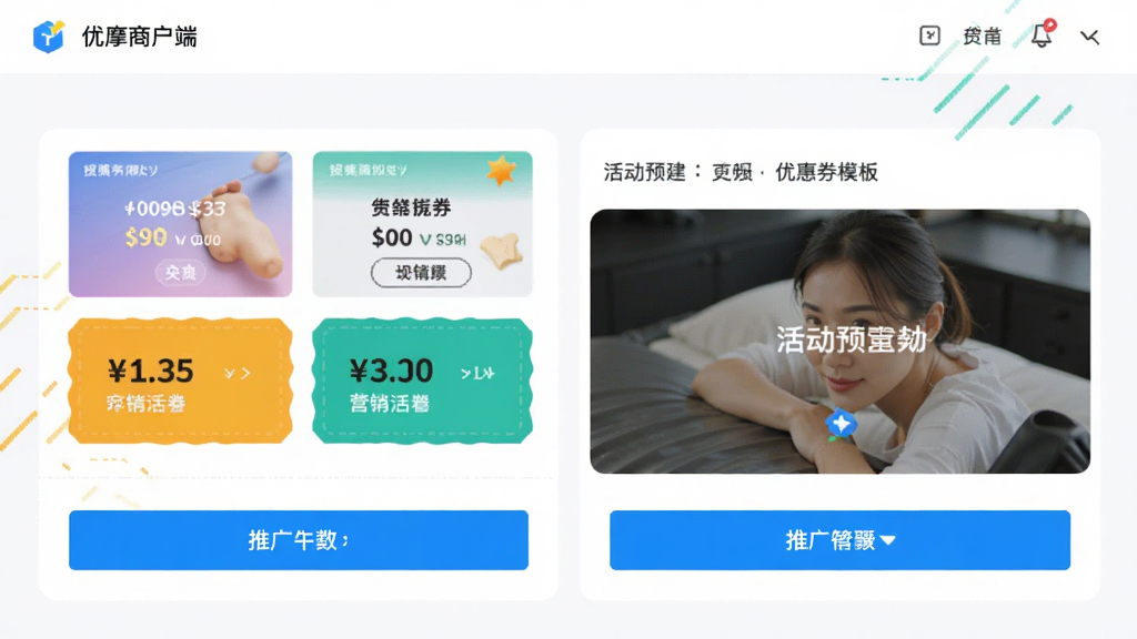 按个摩商户端营销活动创建页面,展示优惠券模板和推广按钮,界面色彩明快,有活动预览图,整体风格商务简约,画质干净,无多余元素。