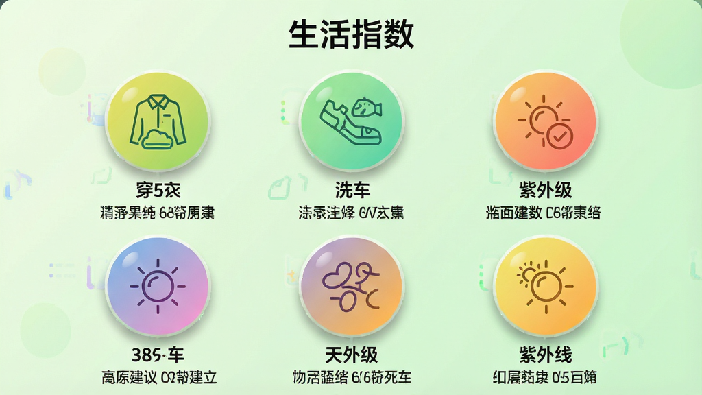 主体:“精准天气预报”应用的生活指数页面,以圆形图标网格展示穿衣、洗车、紫外线等指数。布局:图标排列成3x3网格,每个图标下方有等级文字与简短建议。排版:背景为淡绿色渐变,图标采用线性风格,颜色根据指数级别变化。风格:清新简约,适合日常使用。细节:每个图标有微小阴影,建议文字为黑色,页面顶部有“生活指数”标题。画质:超清,干净无多余元素。