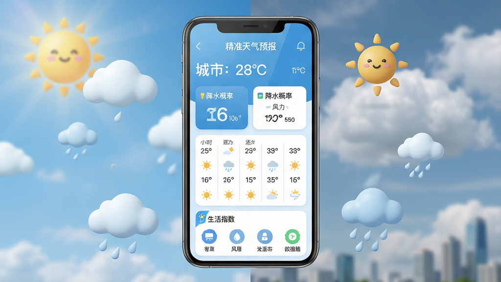 主体:智能手机屏幕展示“精准天气预报”应用界面,背景是晴朗与多云交替的天气实景。布局:手机居中,屏幕内显示温度、降水概率、风力等数据卡片,周围有云朵和太阳的立体图标。排版:界面信息层级分明,顶部为城市名称与温度,中部为逐小时预报图表,底部为生活指数图标。风格:现代扁平化设计,色彩清新明快,主色调为天蓝色与白色。细节:屏幕反射轻微光泽,数据字体清晰,背景有微弱的景深效果。画质:8K超高清,干净无多余元素。