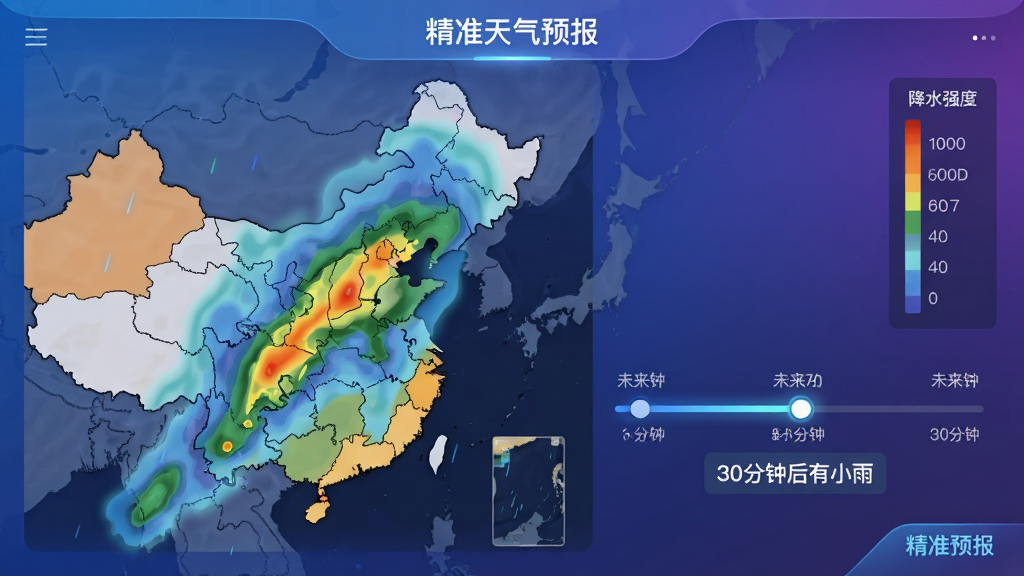 主体:“精准天气预报”应用界面展示分钟级降水雷达图,时间轴滑块拖动至未来30分钟位置。布局:界面左侧为地图色块,右侧为降水强度图例与时间轴。排版:地图上叠加半透明雨量色斑,时间轴下方有“30分钟后有小雨”的文字提示。风格:科技感UI,蓝紫色渐变背景,数据可视化风格。细节:色斑边缘柔和,时间轴带有发光效果,界面角落有“精准预报”字样。画质:高清,干净无多余元素。