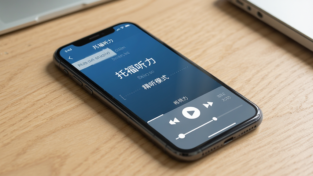 一张展示“托福听力”在手机上运行的学习界面,屏幕显示精听模式,下方有播放控制栏和进度条,手机边框圆润,背景为桌面,整体风格真实,画质清晰,干净无多余元素。