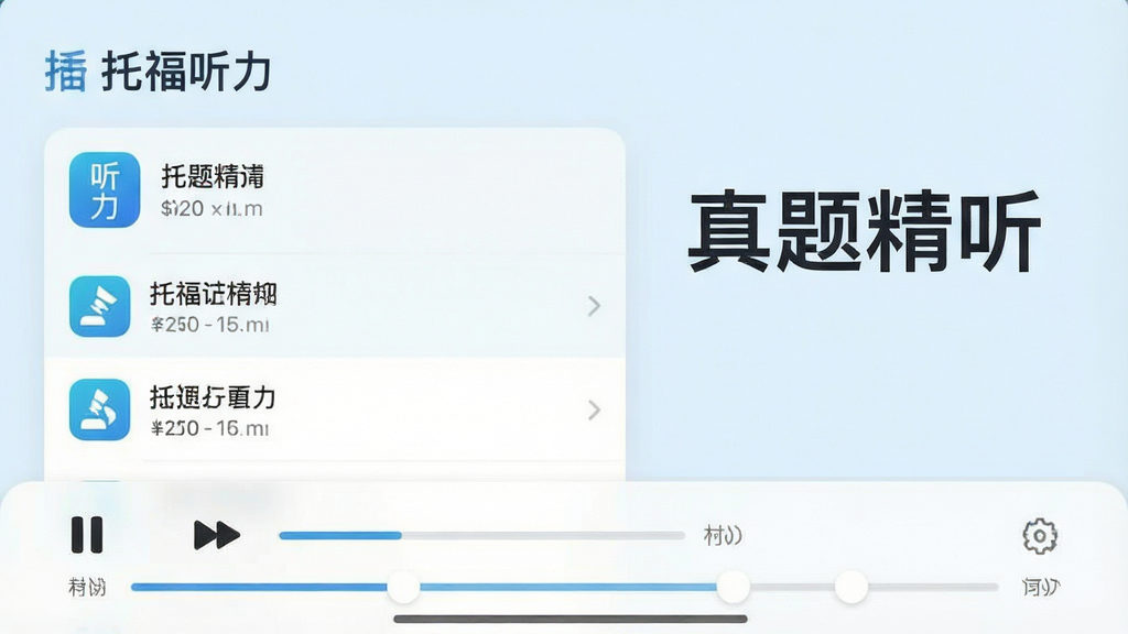 一张展示“托福听力”应用主界面的高清截图,界面包含真题列表、播放控制条和进度指示,背景为淡蓝色调,界面布局清晰,图标简洁,文字标注“托福听力”和“真题精听”字样,整体风格现代、干净,无多余元素,画质清晰。