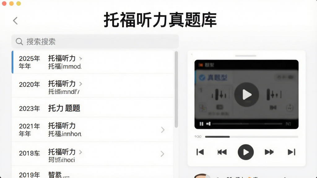 展示“托福听力”应用真题库界面的图片,左侧为题目列表,右侧为音频播放面板,界面以白色为底色,列表项清晰标注年份和题型,顶部有搜索栏,整体风格清爽,排版规整,画质干净,无多余元素,文字显示“托福听力真题库”。