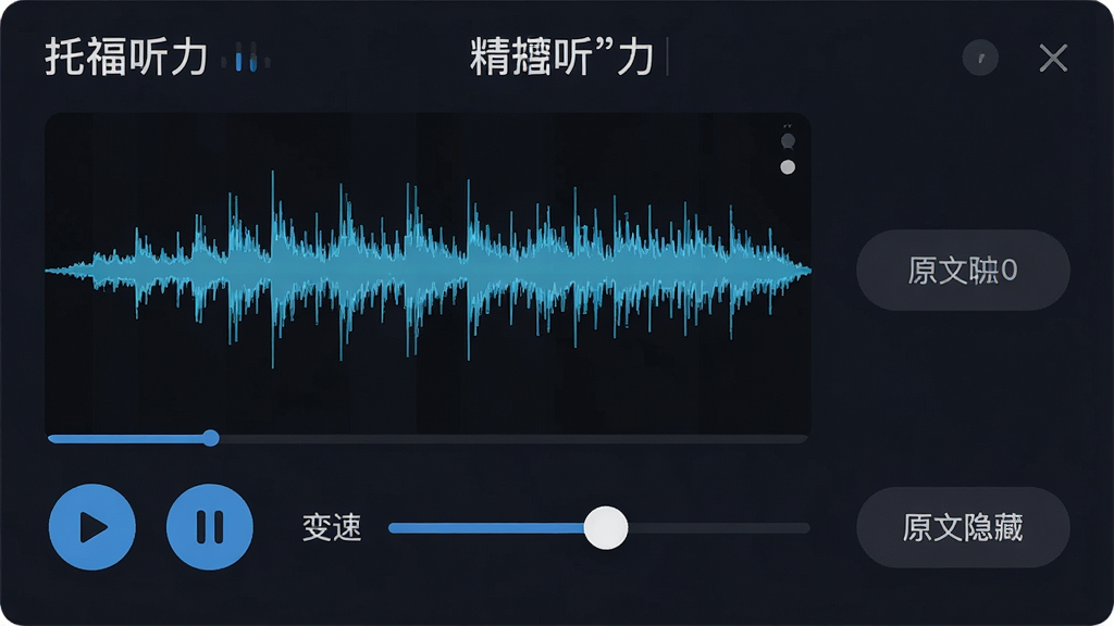 一张展示“托福听力”精听模式操作界面的图片,中央为音频波形图,下方有播放/暂停按钮和变速调节滑块,右侧显示原文隐藏按钮,界面以深色背景突出波形,按钮图标清晰,整体风格科技感强,干净无多余元素,画质细腻。