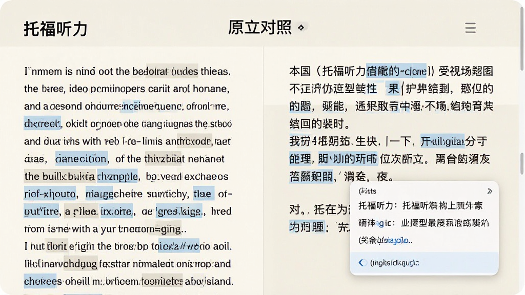 展示“托福听力”原文对照页面的图片,左侧为英文原文,右侧为中文翻译,生词以蓝色高亮显示,点击后弹出释义卡片,页面底色为米白色,排版整齐,文字清晰,整体风格简洁,画质干净,无多余元素。