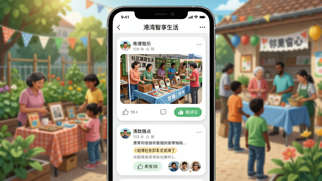 主体:手机屏幕展示“港湾智享生活”APP的邻里圈动态,包含用户发布的图文帖子、点赞评论按钮。布局:手机居中,背景为社区花园或活动中心的热闹场景。排版:信息流式布局,帖子卡片圆润,互动按钮清晰。风格:活泼明快,色彩丰富,突出社区生活气息。细节:帖子图片展示社区跳蚤市场活动,评论区有互动。画质:高清,干净,无多余元素。