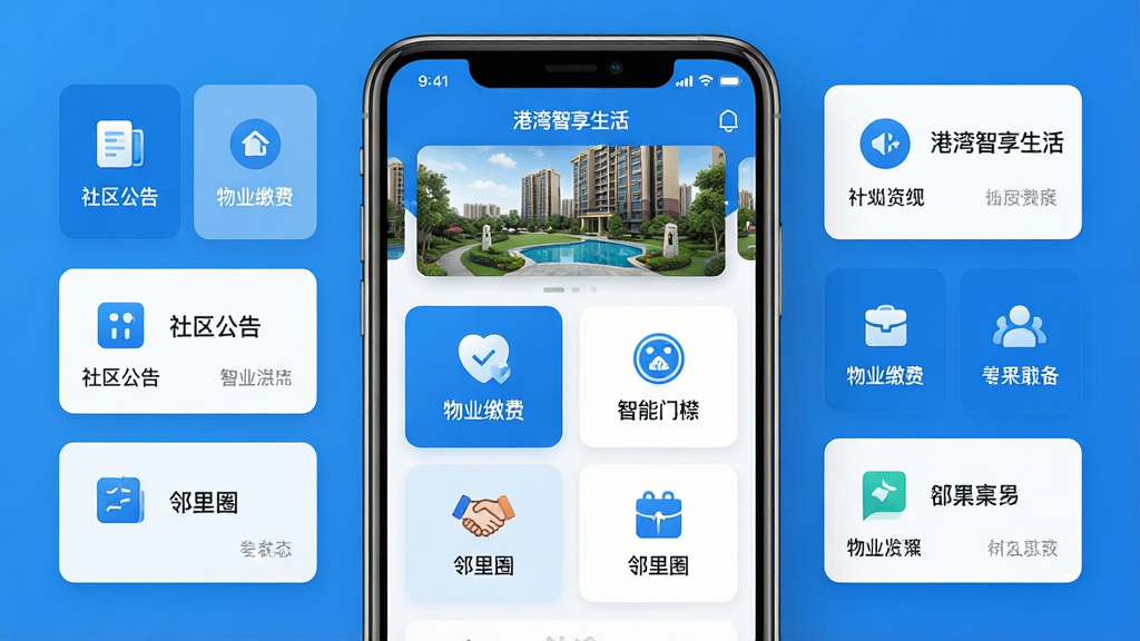 主体:手机屏幕展示“港湾智享生活”APP主界面,界面包含社区公告、物业缴费、智能门禁、邻里圈等模块图标,顶部为小区实景图轮播。布局:居中构图,手机模型置于画面中央,周围环绕简约的图标和功能卡片。排版:采用网格化布局,图标排列整齐,文字标签清晰。风格:扁平化设计,现代科技感,色彩明亮清新,以蓝色和白色为主色调。细节:手机屏幕内显示“港湾智享生活”字样,界面元素精致,光影柔和。画质:高清渲染,干净,无多余元素。