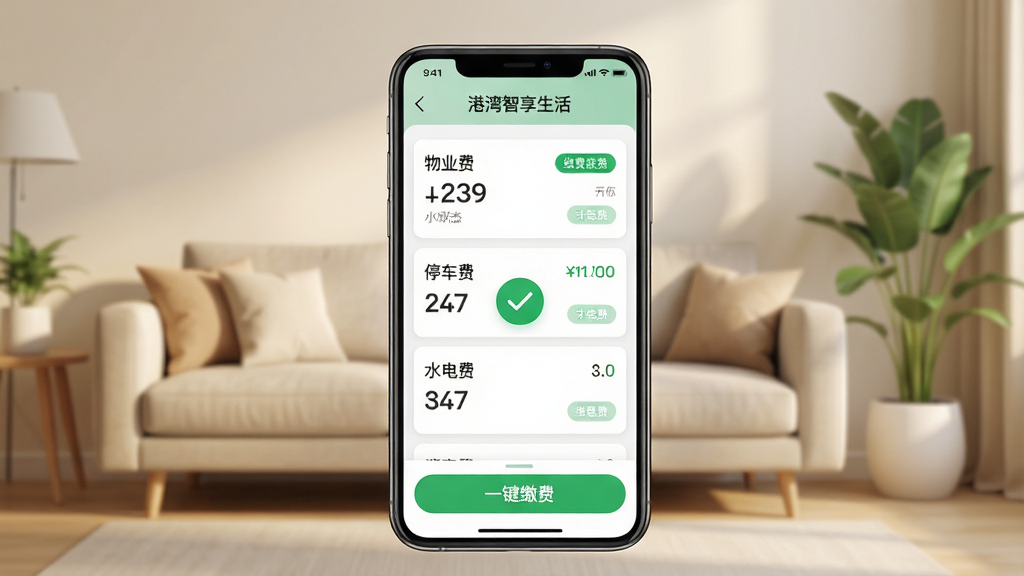 主体:手机屏幕展示“港湾智享生活”APP的缴费页面,显示物业费、停车费、水电费等账单列表,底部有“一键缴费”按钮。布局:手机居中,背景为简约的室内客厅场景,有沙发和绿植。排版:账单条目以卡片式排列,金额和缴费状态标签清晰。风格:清新简约,暖色调,突出生活化气息。细节:手机界面有“缴费成功”的绿色对勾提示,背景光线柔和。画质:高清渲染,干净,无多余元素。