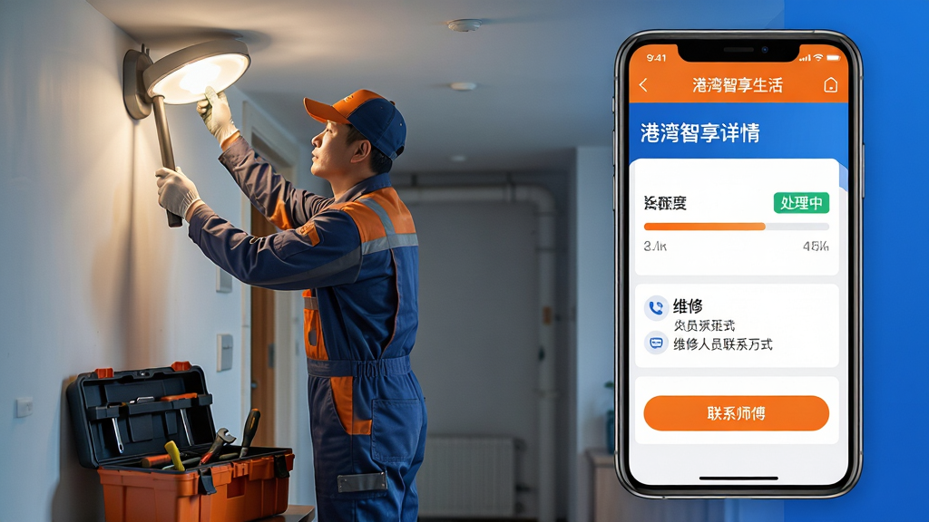 主体:手机屏幕展示“港湾智享生活”APP的报修工单详情,显示报修类型、处理进度条和维修人员联系方式。布局:手机位于画面右侧,左侧为维修工人正在检修楼道灯的场景。排版:进度条横向展示,状态标签为“处理中”,底部有“联系师傅”按钮。风格:写实与UI结合,色调以橙色和蓝色为主,突出行动感。细节:维修工人穿着工作服,工具箱清晰可见。画质:高清,干净,无多余元素。