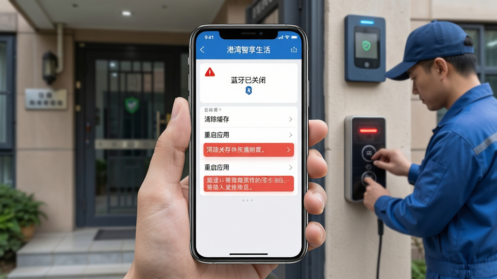 主体:手机屏幕展示“港湾智享生活”APP的故障排查界面,包含“清除缓存”、“重启应用”等选项,旁边有维修人员正在调试门禁设备。布局:手机位于画面中央,背景为社区单元门口。排版:设置选项以列表形式呈现,故障提示用红色高亮。风格:写实与UI结合,色调为蓝白灰。细节:手机界面显示“蓝牙已关闭”的警告图标,门禁设备闪烁指示灯。画质:高清,干净,无多余元素。