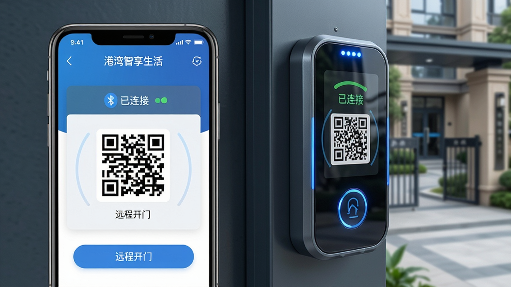 主体:手机屏幕展示“港湾智享生活”APP的智能门禁功能,界面显示蓝牙连接状态和访客二维码。布局:手机置于画面左侧,右侧为门禁设备与小区大门背景。排版:功能界面清晰,二维码居中,状态栏显示“已连接”。风格:写实与UI结合,科技感强,色调以蓝色和灰色为主。细节:门禁设备带有LED指示灯,手机界面有“远程开门”按钮。画质:清晰细腻,干净,无多余元素。