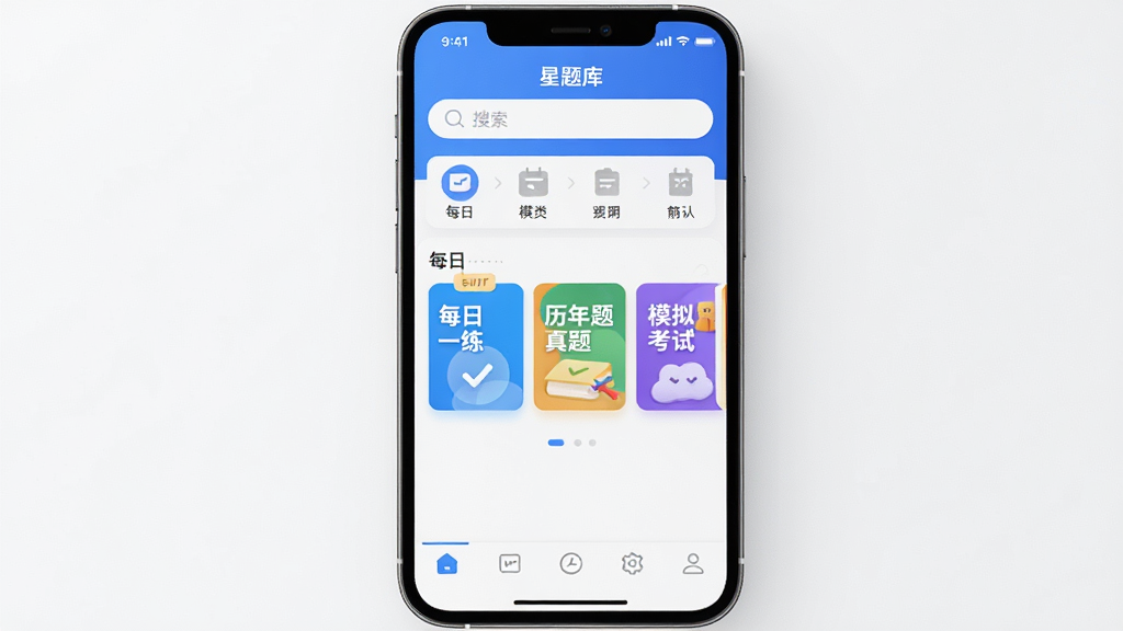 一张现代简约风格的手机应用界面预览图,屏幕中显示“星题库”主界面,上方为搜索栏与分类图标,中部为“每日一练”“历年真题”“模拟考试”彩色卡片,底部为导航栏,整体以蓝色和白色为主色调,界面干净明亮,无多余元素,高画质,产品渲染图风格。