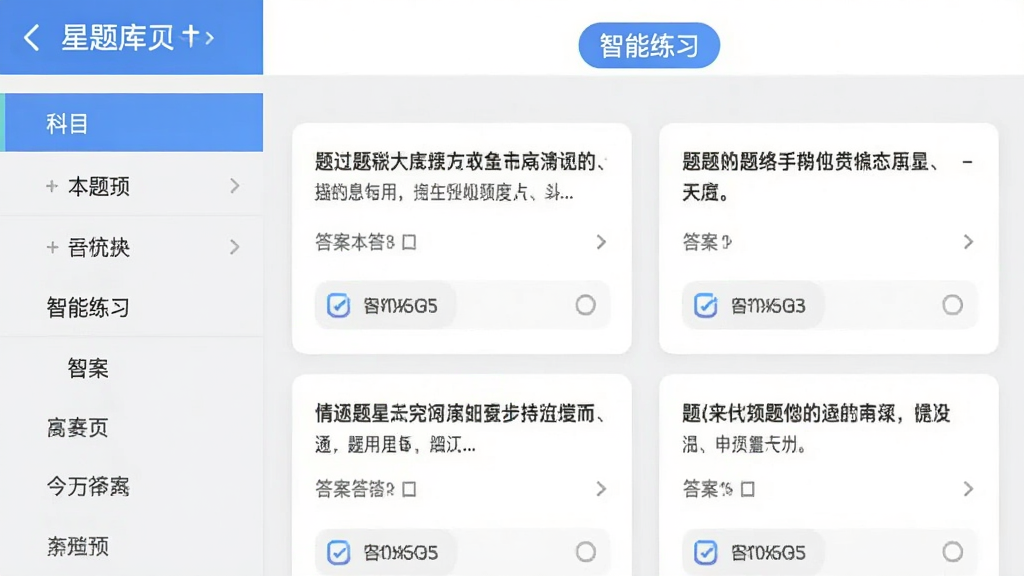 星题库App内部题库列表页截图,左侧为科目分类列表,右侧为题目卡片,卡片上显示题目内容与答案选项,顶部有“智能练习”标签,背景为浅灰色,界面清晰,高画质,无多余元素。