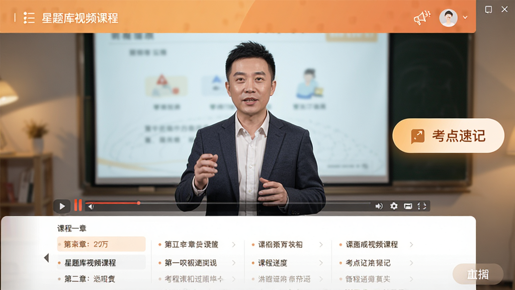 星题库视频课程播放页面,屏幕中显示讲师讲解画面,下方有课程章节列表,右侧有“考点速记”悬浮按钮,整体色调温暖,界面友好,高清画质。