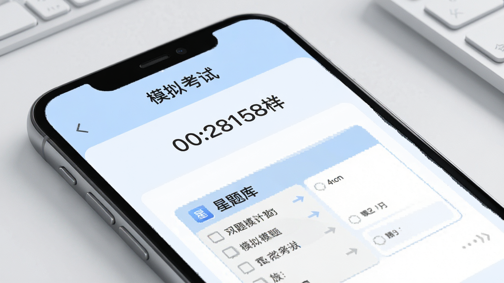 星题库模拟考试界面展示,手机屏幕内显示答题计时器与题目页面,顶部有“模拟考试”字样,背景为淡蓝色,答题卡区域清晰可见,风格简洁专业,高画质渲染。
