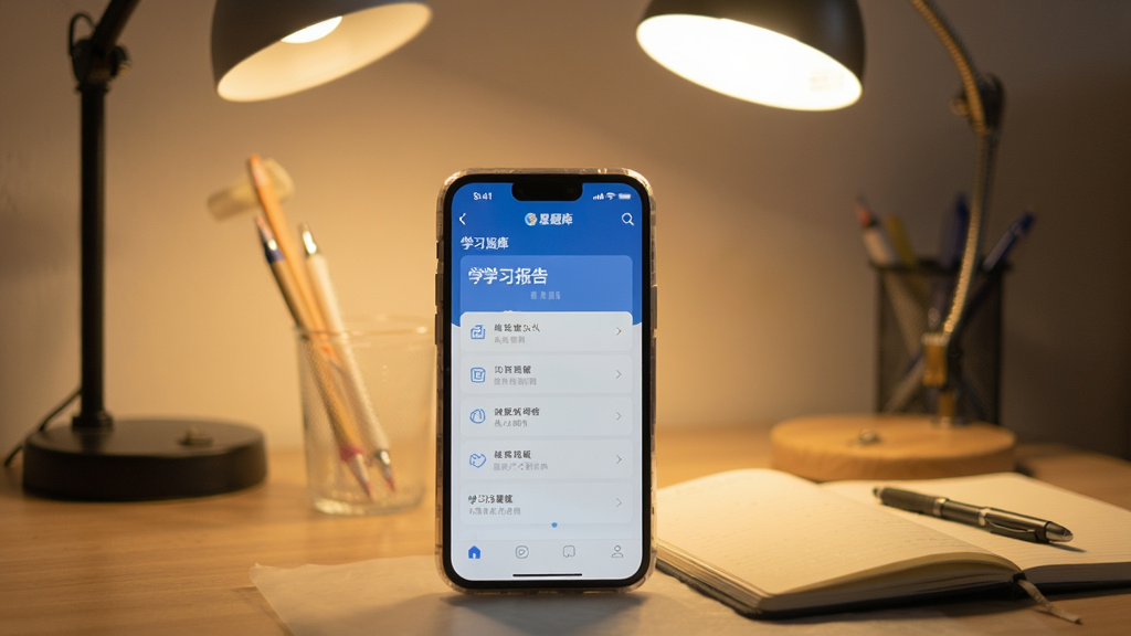 一张展示星题库在手机上运行的实拍图,手机屏幕显示学习报告页面,周围环境为书桌,有台灯和笔记本,光线柔和,画质清晰,风格真实自然。