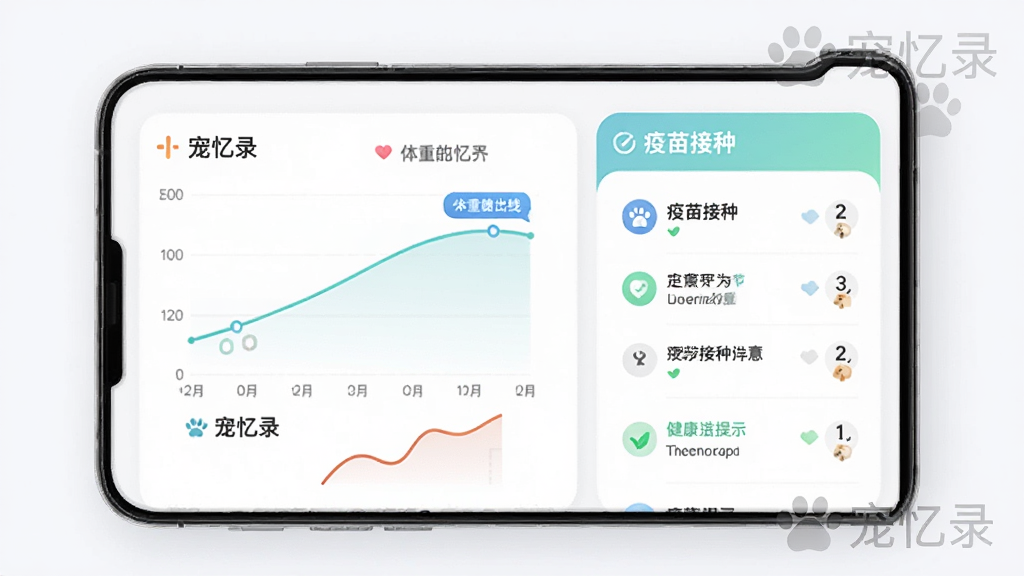 宠忆录APP成长记录功能预览图,主体为手机界面展示体重曲线图表和疫苗接种列表,布局采用数据卡片与图表结合,排版简洁,风格专业清晰,细节包括日期标签和健康提示图标,画质干净,无多余元素,带有“宠忆录”水印