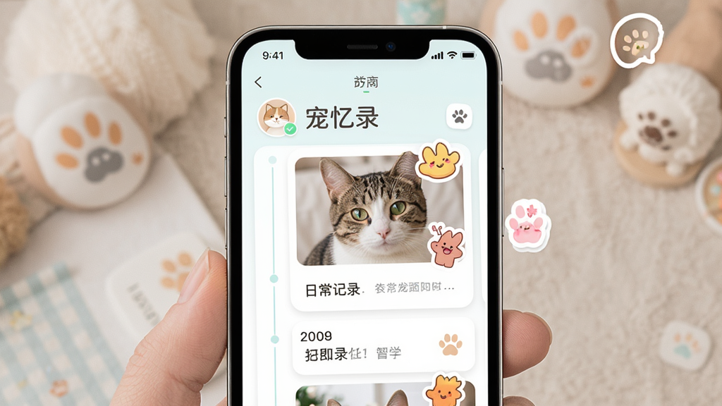 一张温馨的宠物日记应用界面预览图,主体为手机屏幕展示宠忆录APP的首页,布局清晰展示宠物头像、日常记录时间线,排版采用卡片式设计,风格清新明亮,细节包括猫咪照片和可爱的表情贴纸,画质高清干净,无多余元素,文字标注“宠忆录”