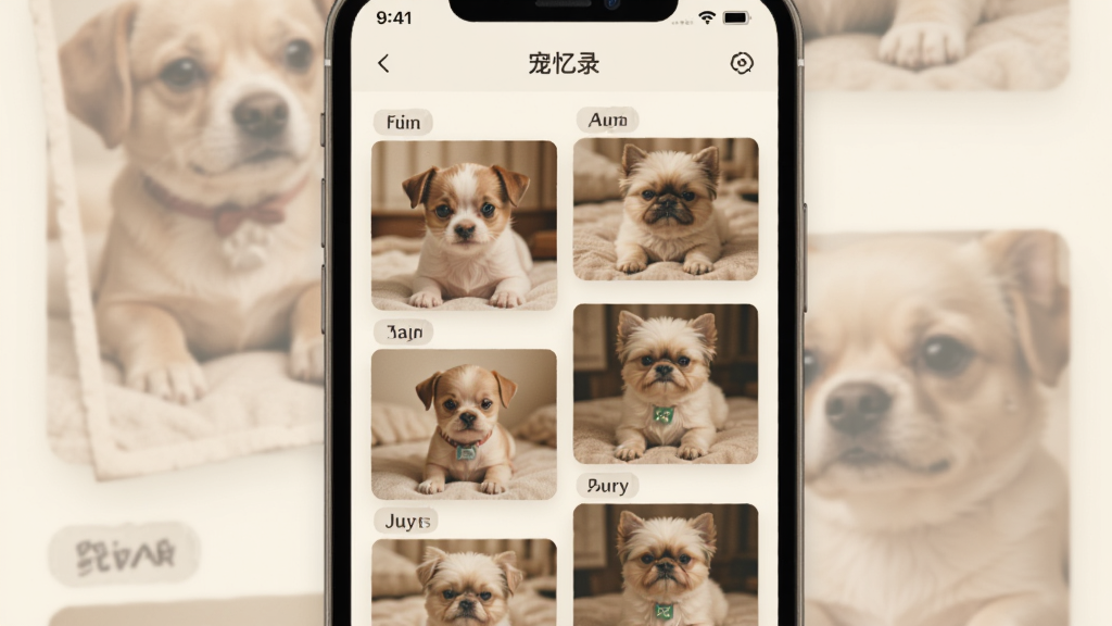 宠忆录APP回忆时间轴功能预览图,主体为手机屏幕展示按月份排列的照片墙,布局错落有致,排版采用瀑布流设计,风格复古温馨,细节包括宠物小时候和长大的对比照,画质柔和干净,无多余元素,图片上方显示“宠忆录”