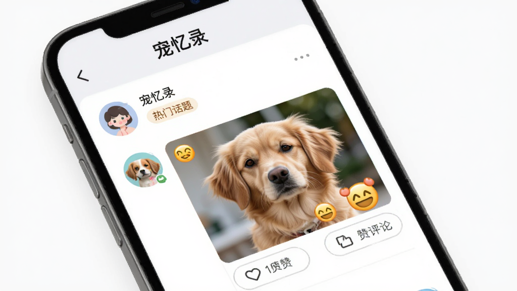 宠忆录APP社区分享功能预览图,主体为手机界面展示宠物社区信息流,布局包含用户头像、宠物照片和点赞评论按钮,排版简洁,风格时尚,细节包括热门话题标签和萌宠表情,画质高清干净,无多余元素,顶部有“宠忆录”字样