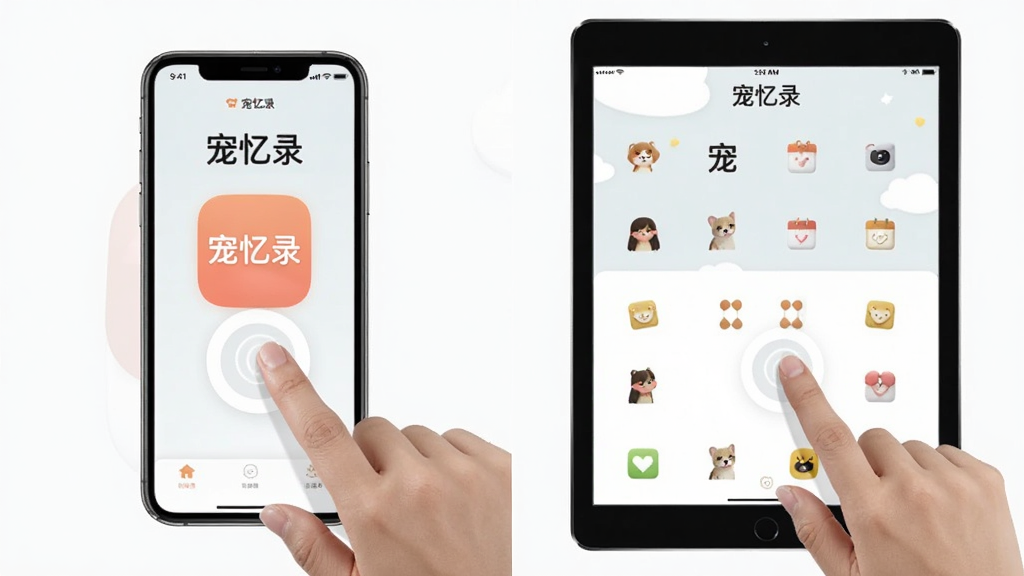 宠忆录APP使用指南场景图,主体为一部手机和一部平板并排展示应用界面,布局左右对照,排版整洁,风格简约,细节包括手指点击屏幕的交互动作,画质清晰干净,无多余元素,屏幕上有“宠忆录”文字