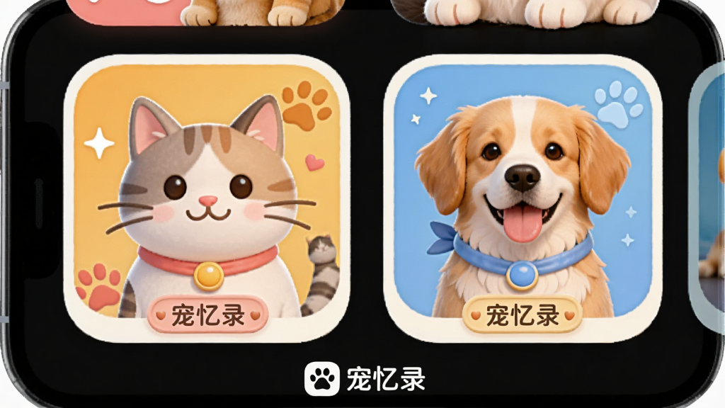 宠忆录APP多宠物管理界面预览图,主体为手机界面展示两只宠物(一猫一狗)的头像卡片,布局左右对称,排版圆润可爱,风格活泼,细节包括不同的封面颜色和宠物名牌,画质清晰干净,无多余元素,底部有“宠忆录”标识