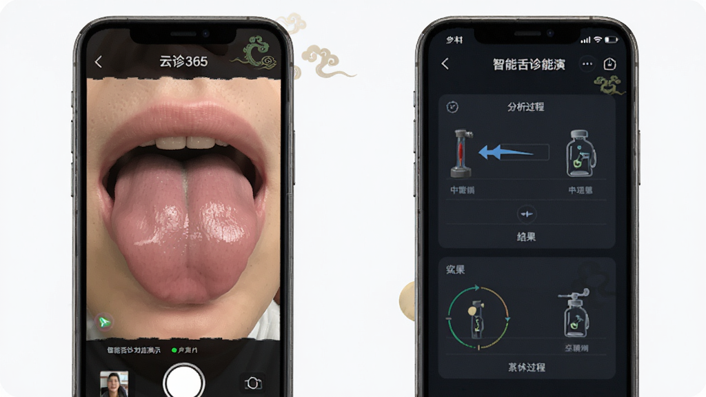 云诊365智能舌诊功能演示,手机拍摄舌象照片,屏幕显示分析过程与结果,界面现代简洁,中医元素点缀,画质高清,无多余元素