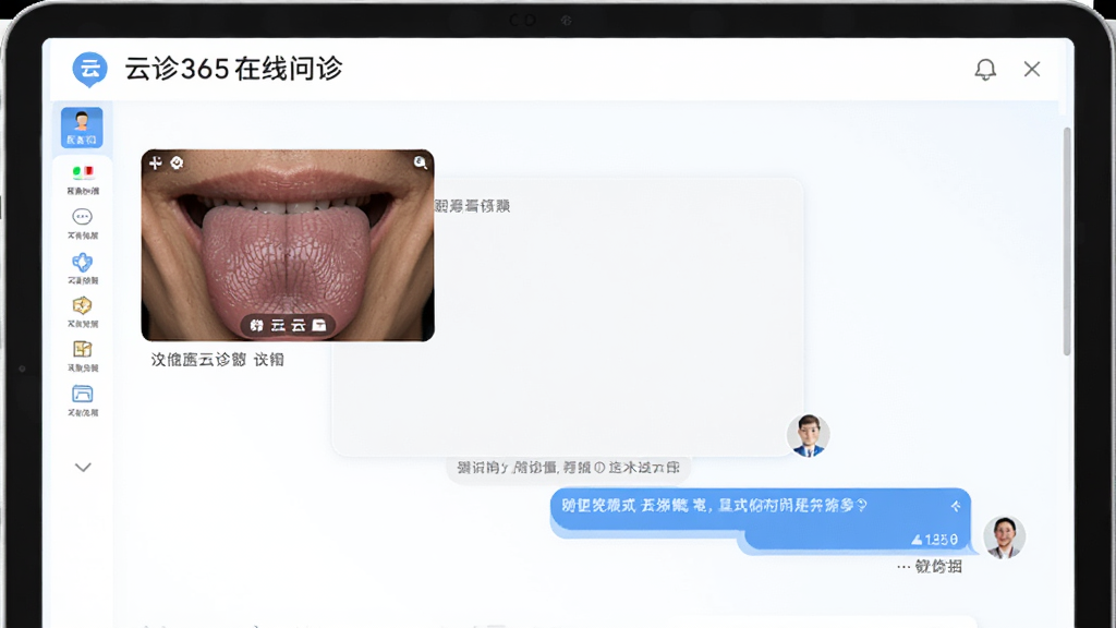 云诊365在线问诊界面,医生与用户对话窗口,包含舌象照片与文字回复,界面友好,医疗元素,画质清晰,干净无多余元素