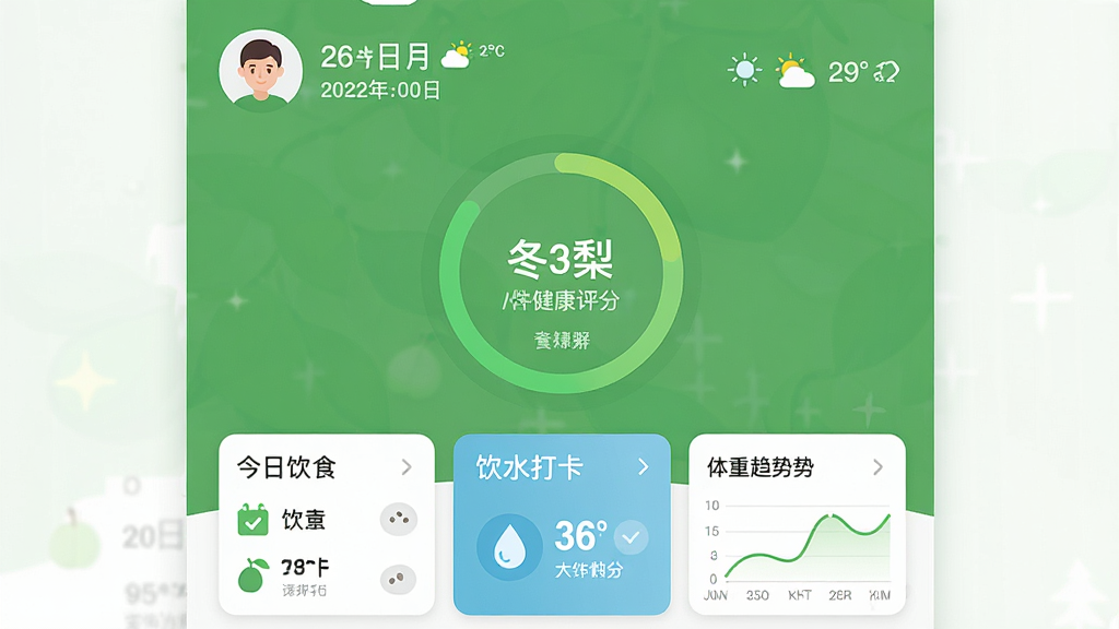 一幅展示冬梨应用主界面的高清截图,界面以清新绿色为主色调,顶部显示用户头像与日期天气信息,中部为圆形健康评分环,下方排列今日饮食记录、饮水打卡、体重趋势等卡片式功能模块,整体布局简洁明快,采用扁平化设计风格,细节丰富,画质清晰,无多余元素